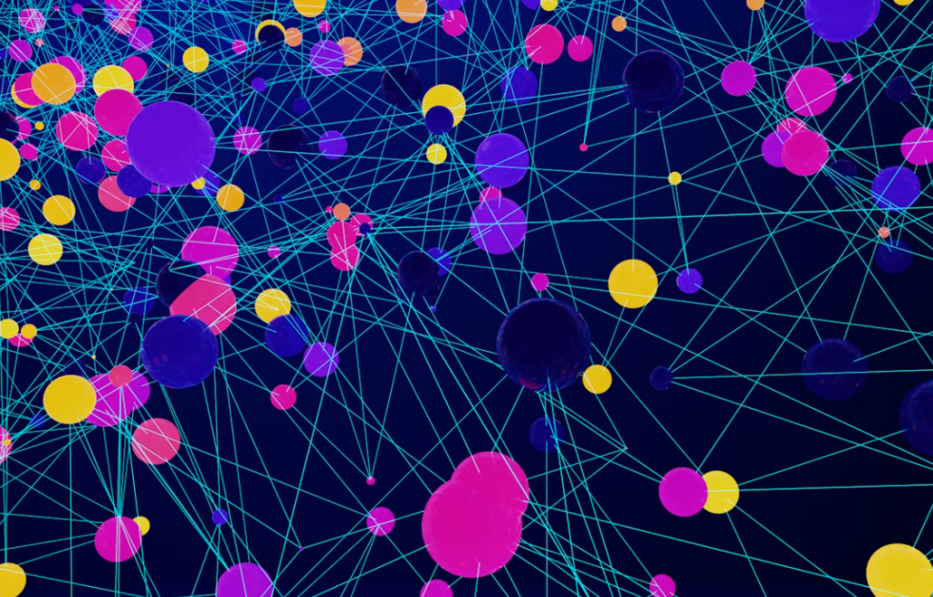Abstract multi coloured circles connected with light blue lines on a dark blue background