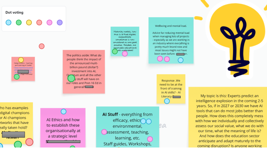 Colourful annotated Miro sticky notes with dot votes placed on some of them