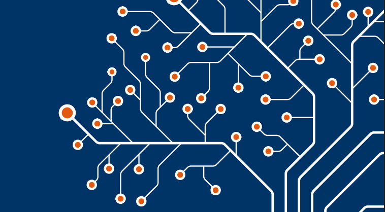 Orange nodes are joined together by white lines on a blue background