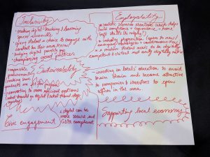 An example flipchart focused on inclusivity, employability, civic engagement, and supporting the local economy.